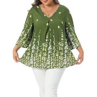 Women's Plus Size V Neck 3/4 Sleeve Top Boho Floral Summer t Shirt Tops Loose Fit Blouse Casual