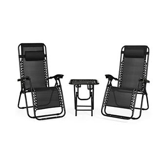 3 pc Black Zero Gravity Folding Lounge Chair and Table Set