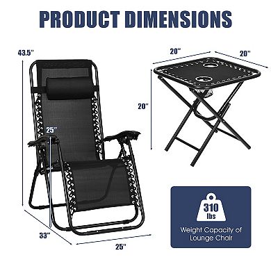 3-Piece Black Zero Gravity Folding Lounge Chair and Table Set