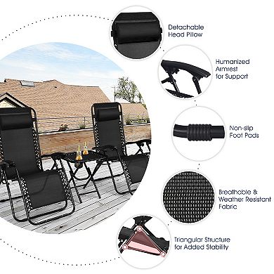 3-Piece Black Zero Gravity Folding Lounge Chair and Table Set