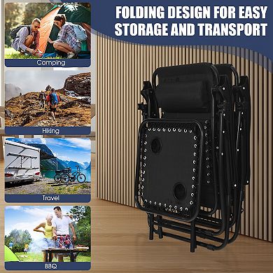 3-Piece Black Zero Gravity Folding Lounge Chair and Table Set