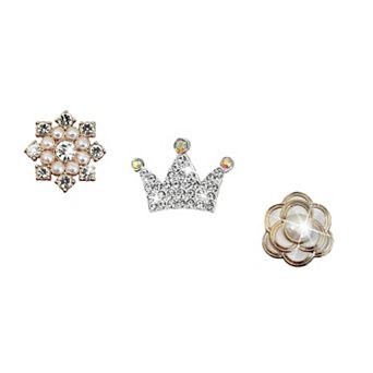 3 pc Rhinestone and Pearl Car Air Vent Clip Set Crown and Flower Designs 0.8in