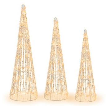 Gymax Set of 3 Lighted Christmas Cone Trees Glittered Christmas Tree Decoration