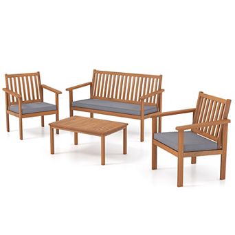 4 pc Patio Wood Furniture Sofa Set with Loveseat