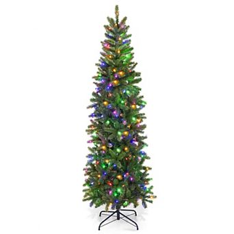 Gymax 6FT Hinged Pre-lit Christmas Slim Pencil Tree w/ 10 Lighting Modes & 648 Tips