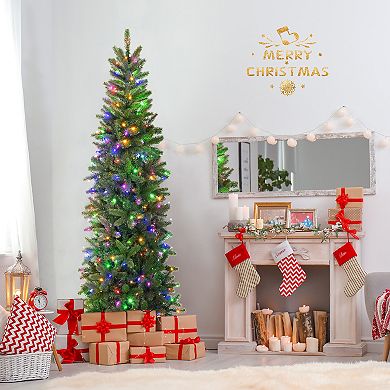 Gymax 6FT Hinged Pre-lit Christmas Slim Pencil Tree w/ 10 Lighting Modes & 648 Tips