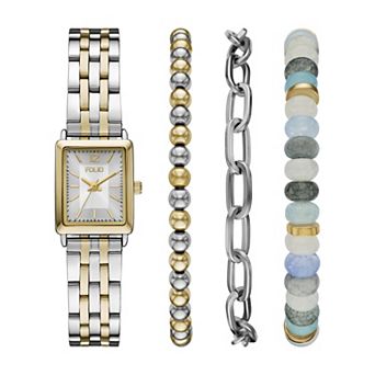 FOLIO Women's Two-Tone Stainless Steel Rectangular Bracelet Watch & 3 pc Bracelet Set