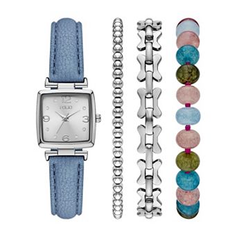 FOLIO Women's Silver-Tone Rectangular Watch & 3 pc Bracelet Set