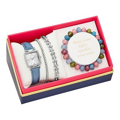 FOLIO Women's Silver-Tone Rectangular Watch & 3-Piece Bracelet Set