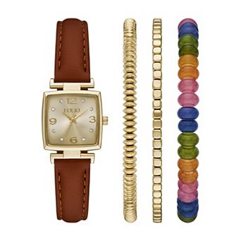 FOLIO Women's Gold-Tone Rectangular Watch & 3 pc Bracelet Set