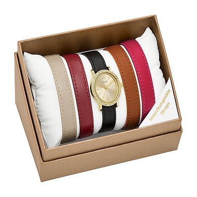 Folio Women's Gold-Tone Oval Dial Interchangeable Strap Watch Set