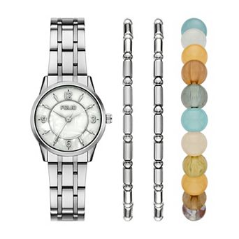 Folio Women's Silver-Tone Bracelet Watch & Bead Bracelet Set