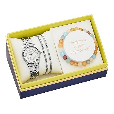 Folio Women's Silver-Tone Bracelet Watch & Bead Bracelet Set