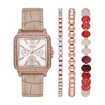FOLIO Women's Rose Gold-Tone Crystal-Accent Rectangular Watch & 3 pc Bracelet Set