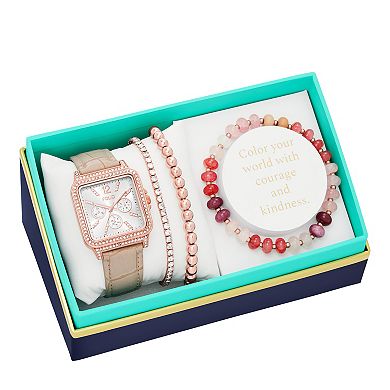 FOLIO Women's Rose Gold-Tone Crystal-Accent Rectangular Watch & 3-Piece Bracelet Set