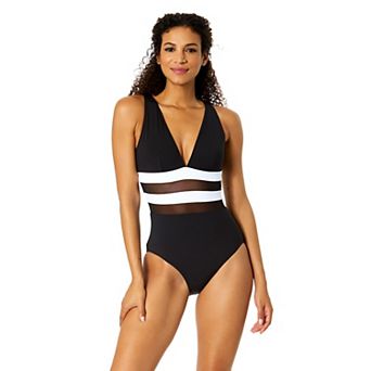 Women's Anne Cole Color-Block Plunge Front Mesh Insert One-Piece Swimsuit