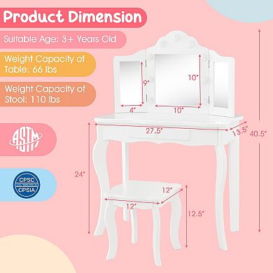 Costway Kid Vanity Table Stool Set Tri-Folding Mirror Adjustable 3-Color LED Lights