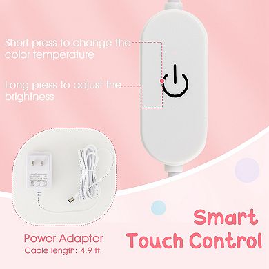 Costway Kid Vanity Table Stool Set Tri-Folding Mirror Adjustable 3-Color LED Lights