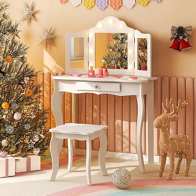 Costway Kid Vanity Table Stool Set Tri-Folding Mirror Adjustable 3-Color LED Lights