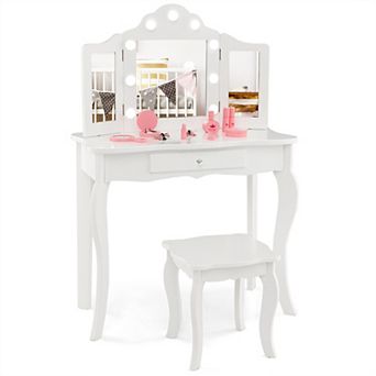 Costway Kid Vanity Table Stool Set Tri-Folding Mirror Adjustable 3-Color LED Lights