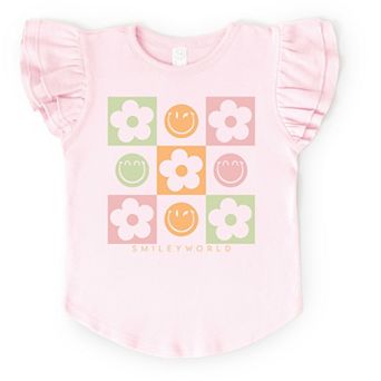 The Juniper Shop SmileyWorld Checkered Floral Smile Flutter Sleeve Tee