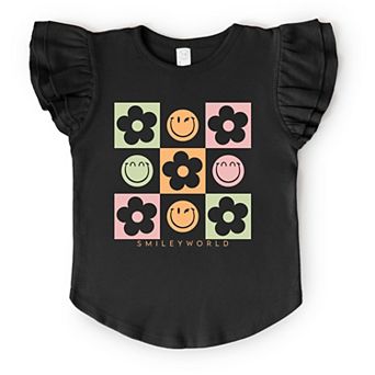 The Juniper Shop SmileyWorld Checkered Floral Smile Flutter Sleeve Tee