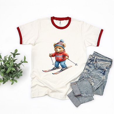 Skiing Bear Watercolor - Women's Ringer Graphic T-Shirt