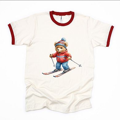 Skiing Bear Watercolor - Women's Ringer Graphic T-Shirt