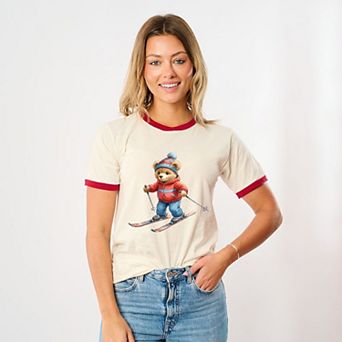 Skiing Bear Watercolor - Women's Ringer Graphic T-Shirt