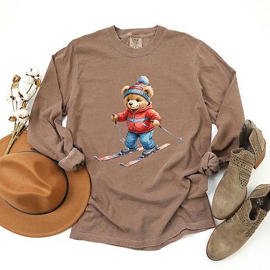 Skiing Bear Watercolor - Women's Garment Dyed Long Sleeve Graphic T-Shirt