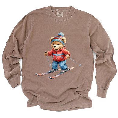Skiing Bear Watercolor - Women's Garment Dyed Long Sleeve Graphic T-Shirt