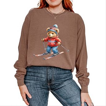 Skiing Bear Watercolor - Women's Garment Dyed Long Sleeve Graphic T-Shirt