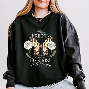 S.W.Smiley Where Friends and Flowers Flourish - Women's Lightweight Garment Dyed Sweatshirt