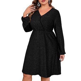 Womens Plus Size V Neck Puff Sleeve Long Sleeve Elegant Dress