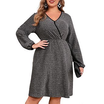 Womens Plus Size V Neck Puff Sleeve Long Sleeve Elegant Dress