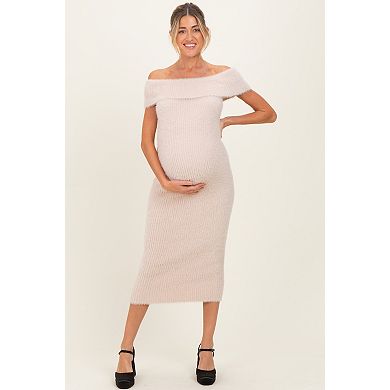 Maternity Fuzzy Knit Off Shoulder Midi Dress