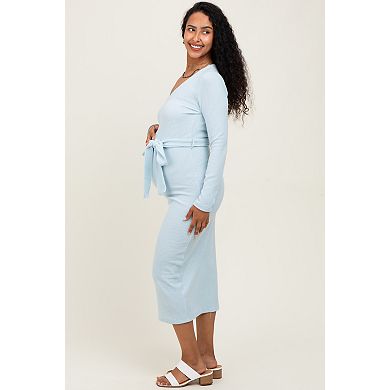 Maternity Blue Solid Brushed Rib Ling Sleeve V-Neck Fitted Midi Dress