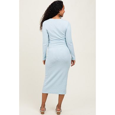 Maternity Blue Solid Brushed Rib Ling Sleeve V-Neck Fitted Midi Dress