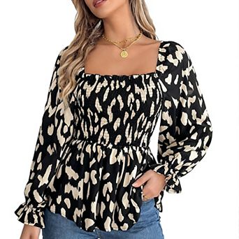 Women's Square Neck Blouse Babydollm Cute Top with Puff Sleeves