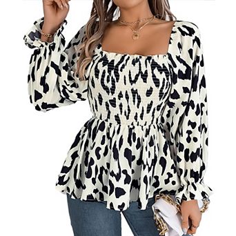 Women's Square Neck Blouse Babydollm Cute Top with Puff Sleeves