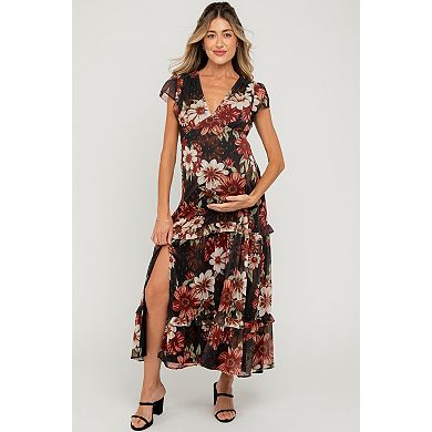 Maternity Floral Chiffon V-Neck Maxi Dress