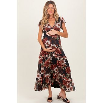 Maternity Floral Chiffon V-Neck Long Sleeve Maxi Dress