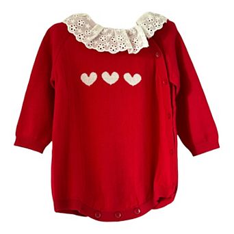 Baby Girls Red Victorian Knit Romper with Lace Trim