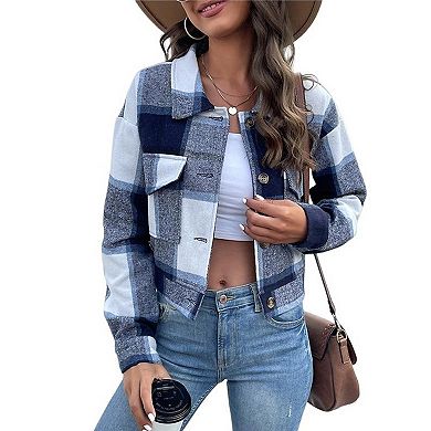 Women's Plaid Cropped Jacket Vintage Notch Lapel Long Sleeve Button Up Wool Blend Coat