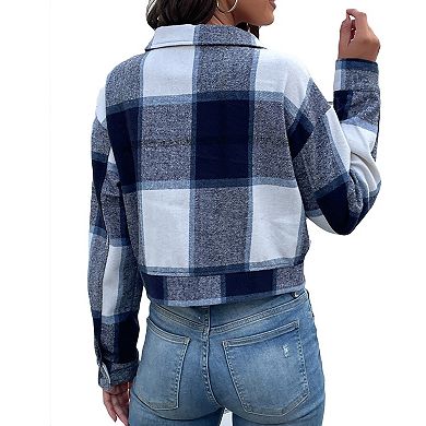 Women's Plaid Cropped Jacket Vintage Notch Lapel Long Sleeve Button Up Wool Blend Coat