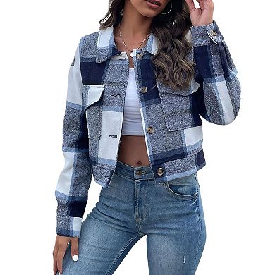 Women's Plaid Cropped Jacket Vintage Notch Lapel Long Sleeve Button Up Wool Blend Coat