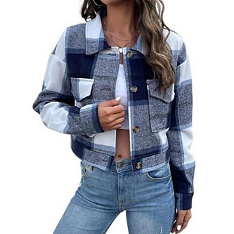 Women's Plaid Cropped Jacket Vintage Notch Lapel Long Sleeve Button Up Wool Blend Coat