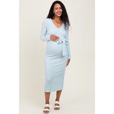 Maternity Blue Solid Brushed Rib Ling Sleeve V-Neck Fitted Midi Dress