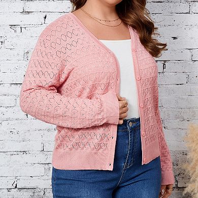 Women's Plus Size V-Neck Cardigan Casual Long Sleeve Button Down Knit Sweater