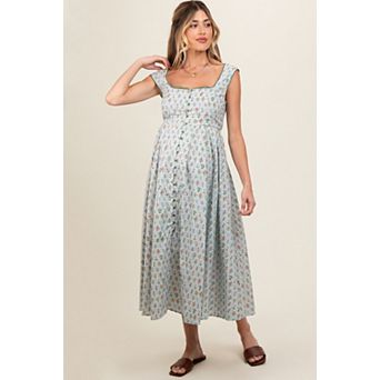 Maternity Blue Floral Button Front Sleeveless Maxi Dress